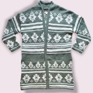 Knox Rose Geometric Pattern Open Front Long Cardigan Sweater Size M Green White